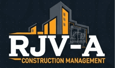 Logo for RJV-A Construction Management featuring buildings and blueprint design.