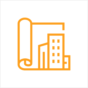 Orange blueprint with buildings and scroll icon.