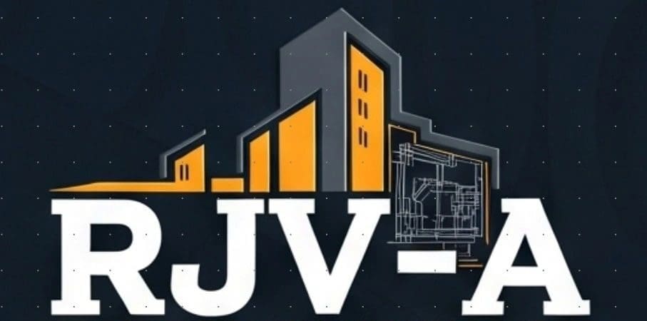 RJV-A Construction Management logo with buildings.