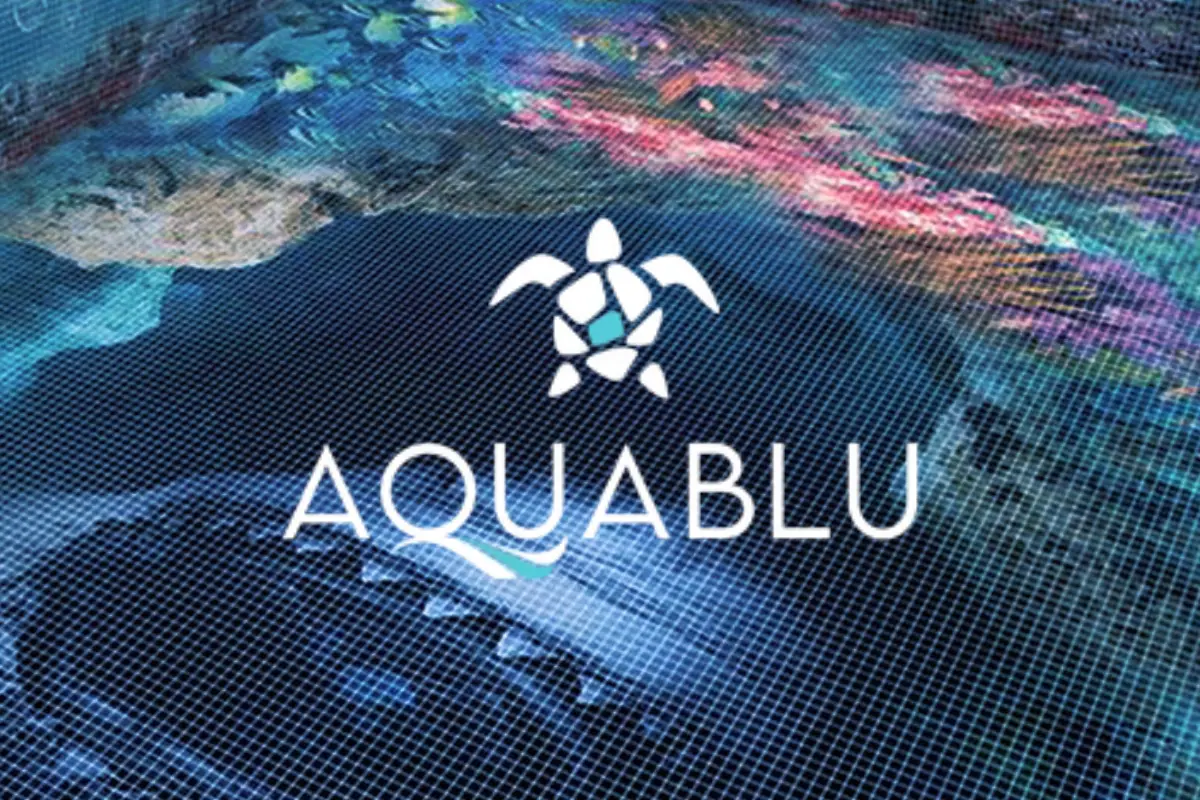 A stylized turtle logo with the text AQUABLU over a colorful aquatic background.