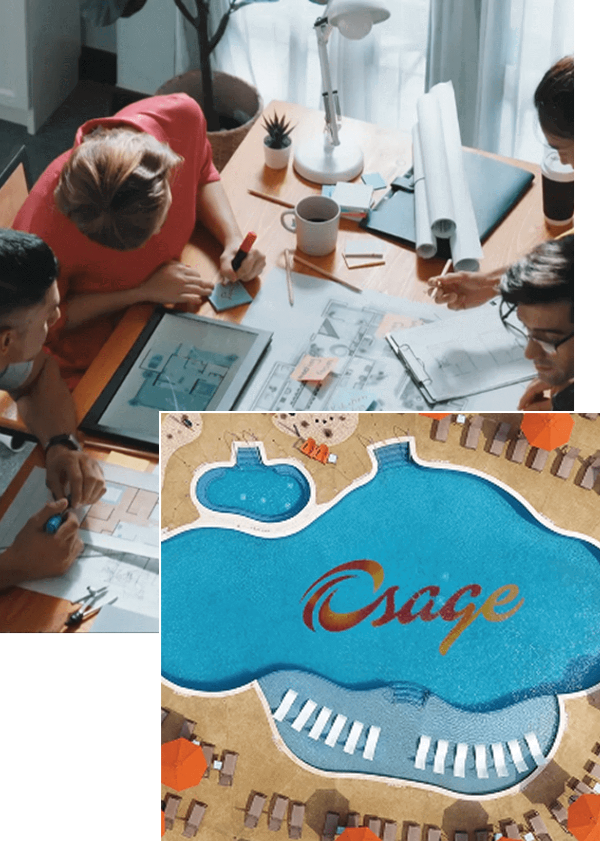 Team planning a project around a lake-shaped model labeled 'Osage'.
