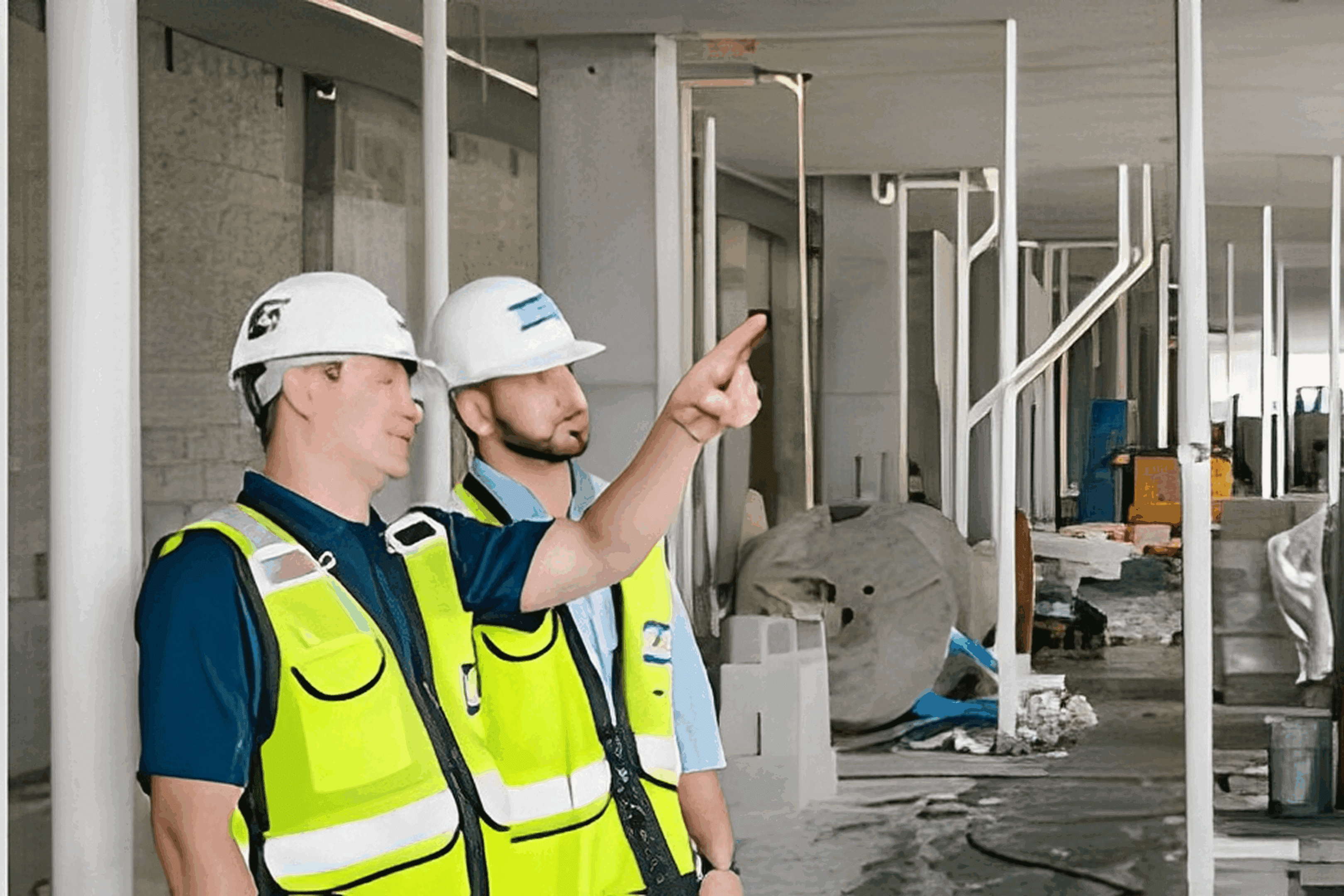 Two construction workers inspecting a building site wearing helmets and safety vests.